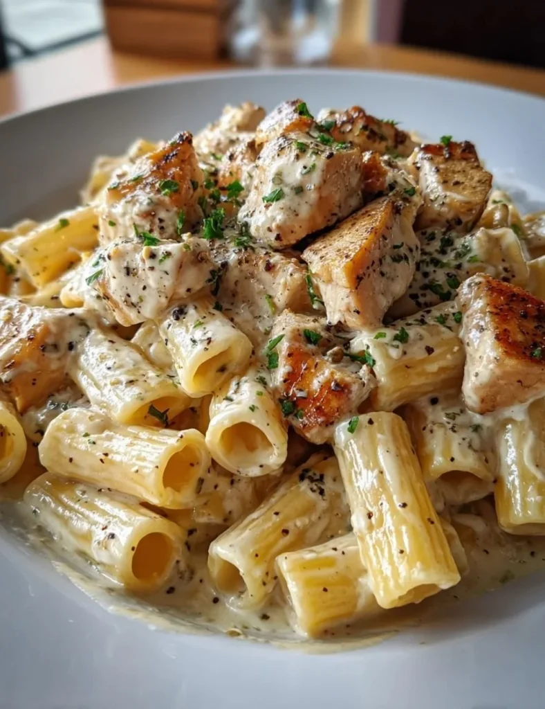 Creamy ricotta chicken pasta dish garnished with fresh herbs
