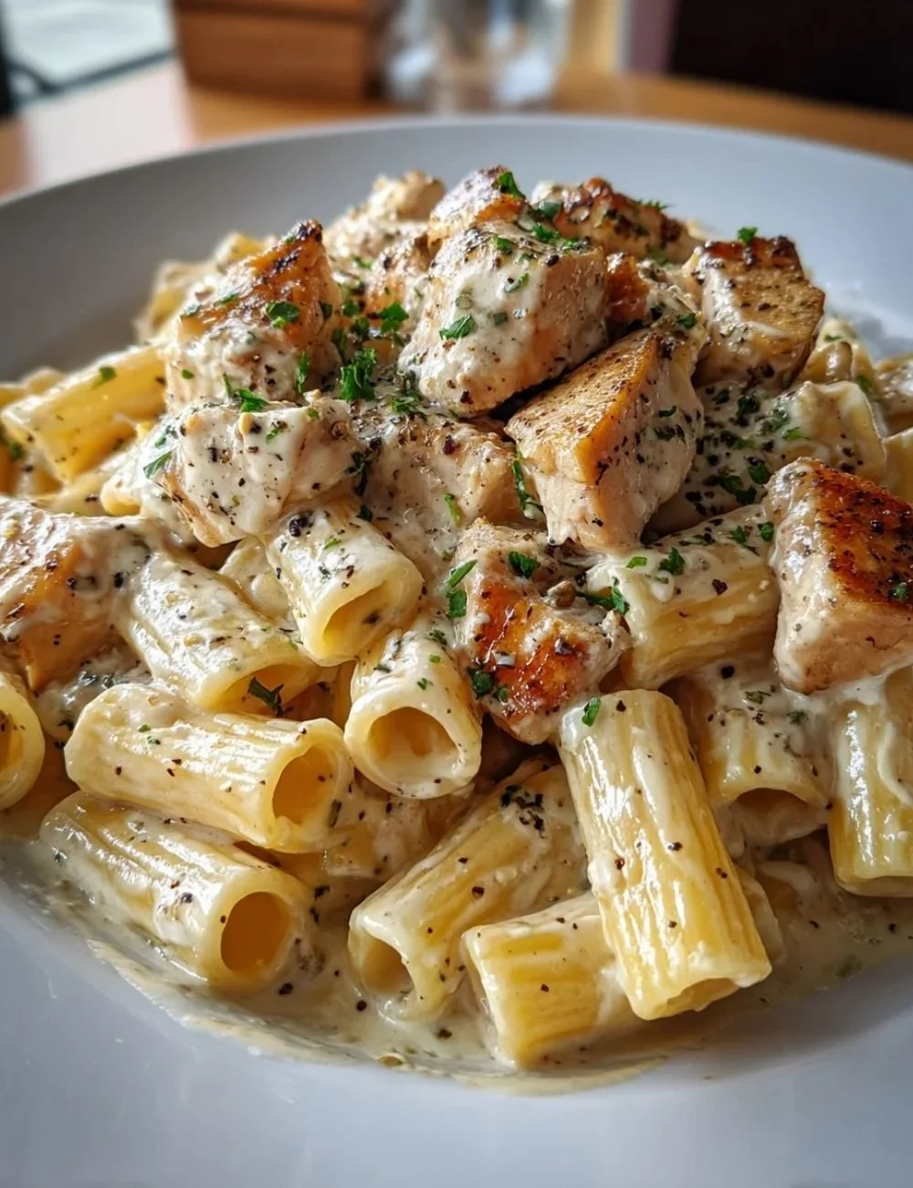 Creamy ricotta chicken pasta dish garnished with fresh herbs