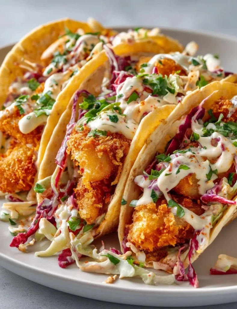 Crispy fish tacos served with zesty cilantro lime slaw in a vibrant presentation