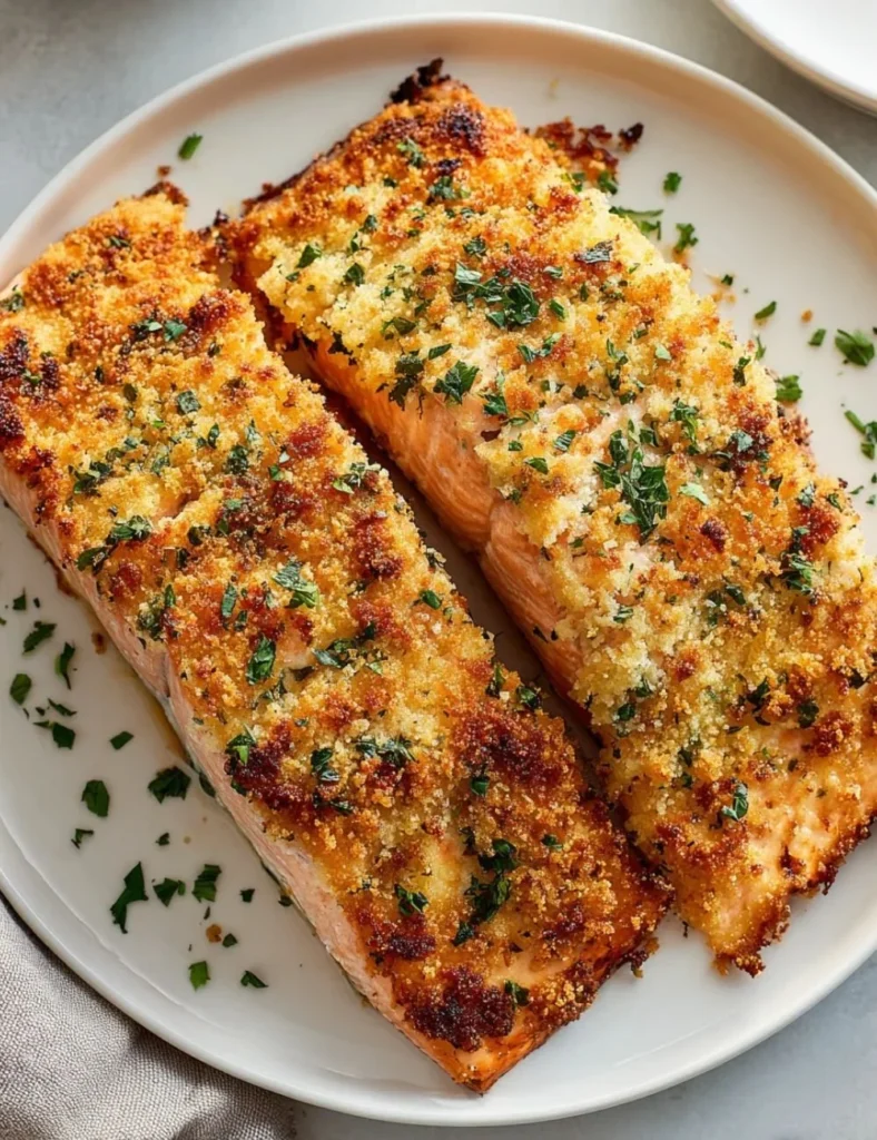Crispy Parmesan Crusted Salmon baked to perfection with a golden crust
