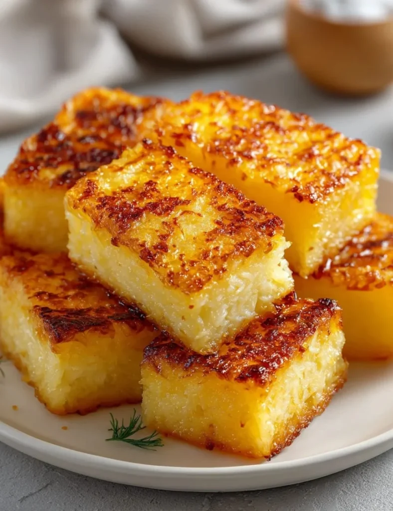 Crispy rice squares stacked in a decorative display.