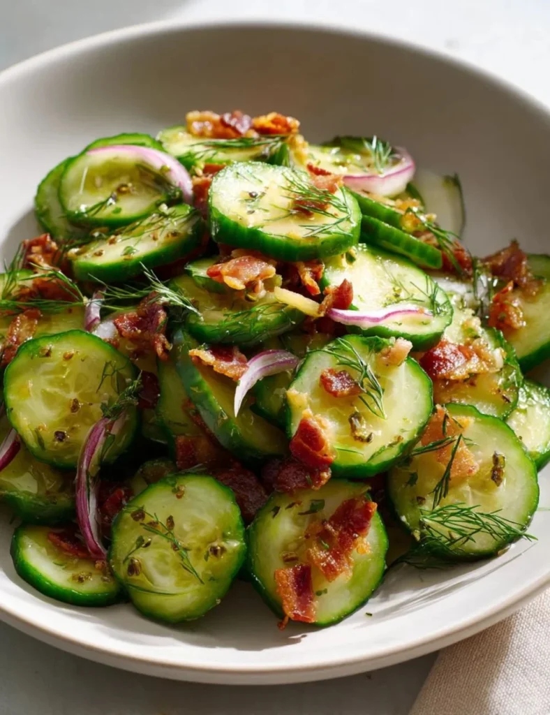 Crunchy cucumber salad topped with crispy beef bacon, a delicious and fresh dish.
