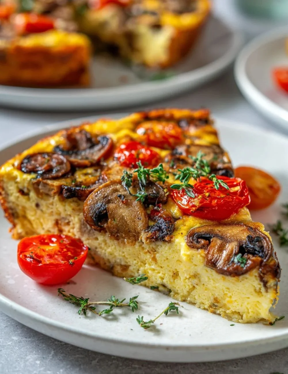 Delicious crustless mushroom quiche served on a plate