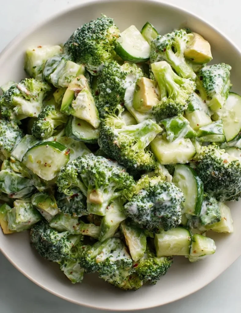 Cucumber Avocado Broccoli Salad with colorful vegetables in a bowl