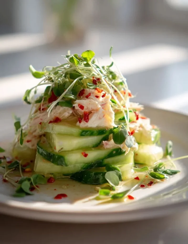Delicious cucumber salad with crab meat served on a platter