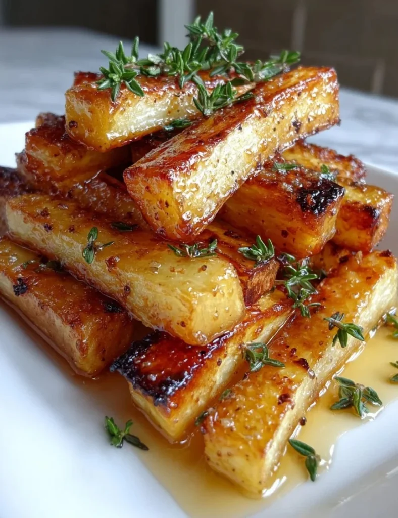 Plate of maple roasted parsnips with thyme, a delicious and healthy side dish