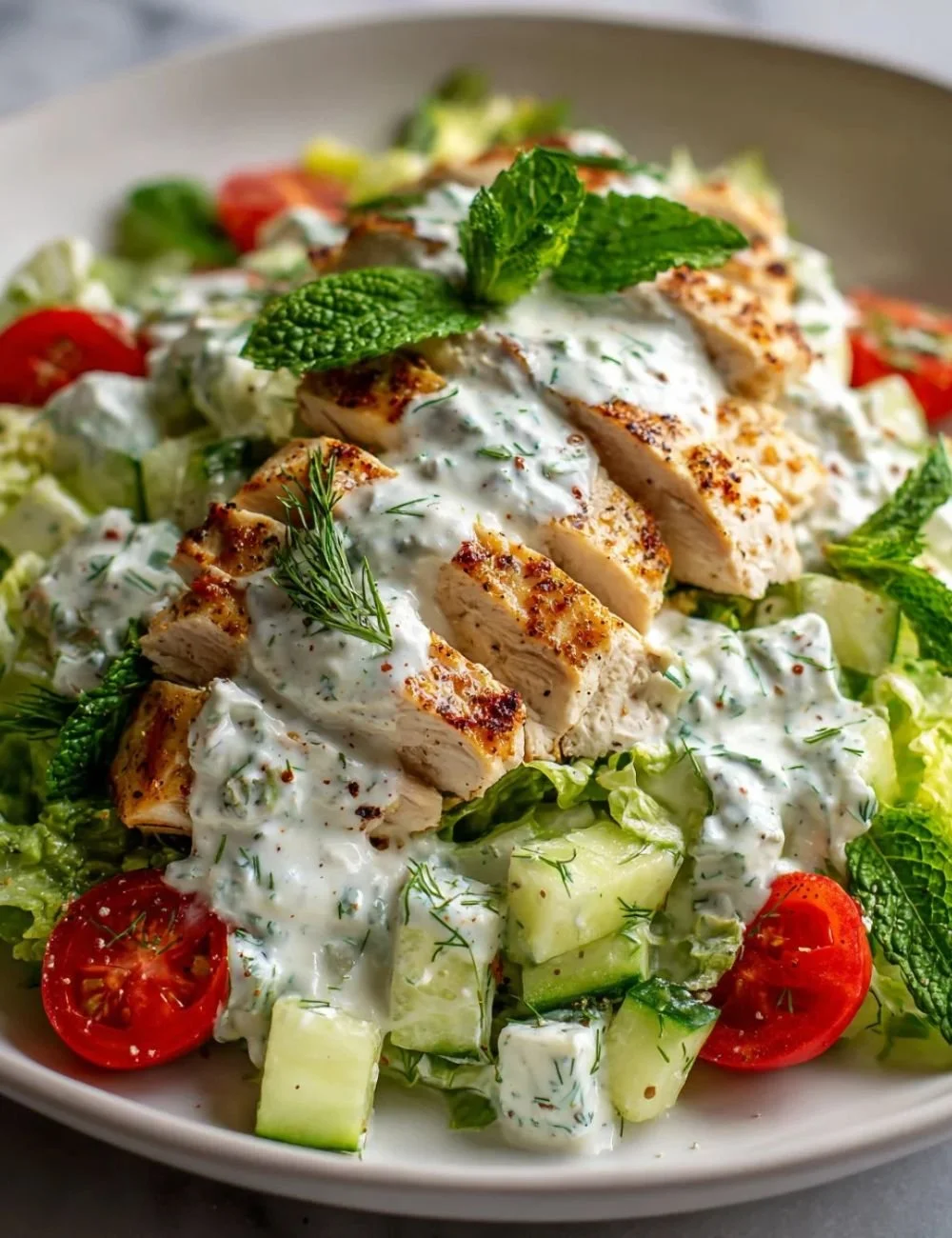 Delicious Tzatziki Chicken Salad with fresh vegetables on a plate