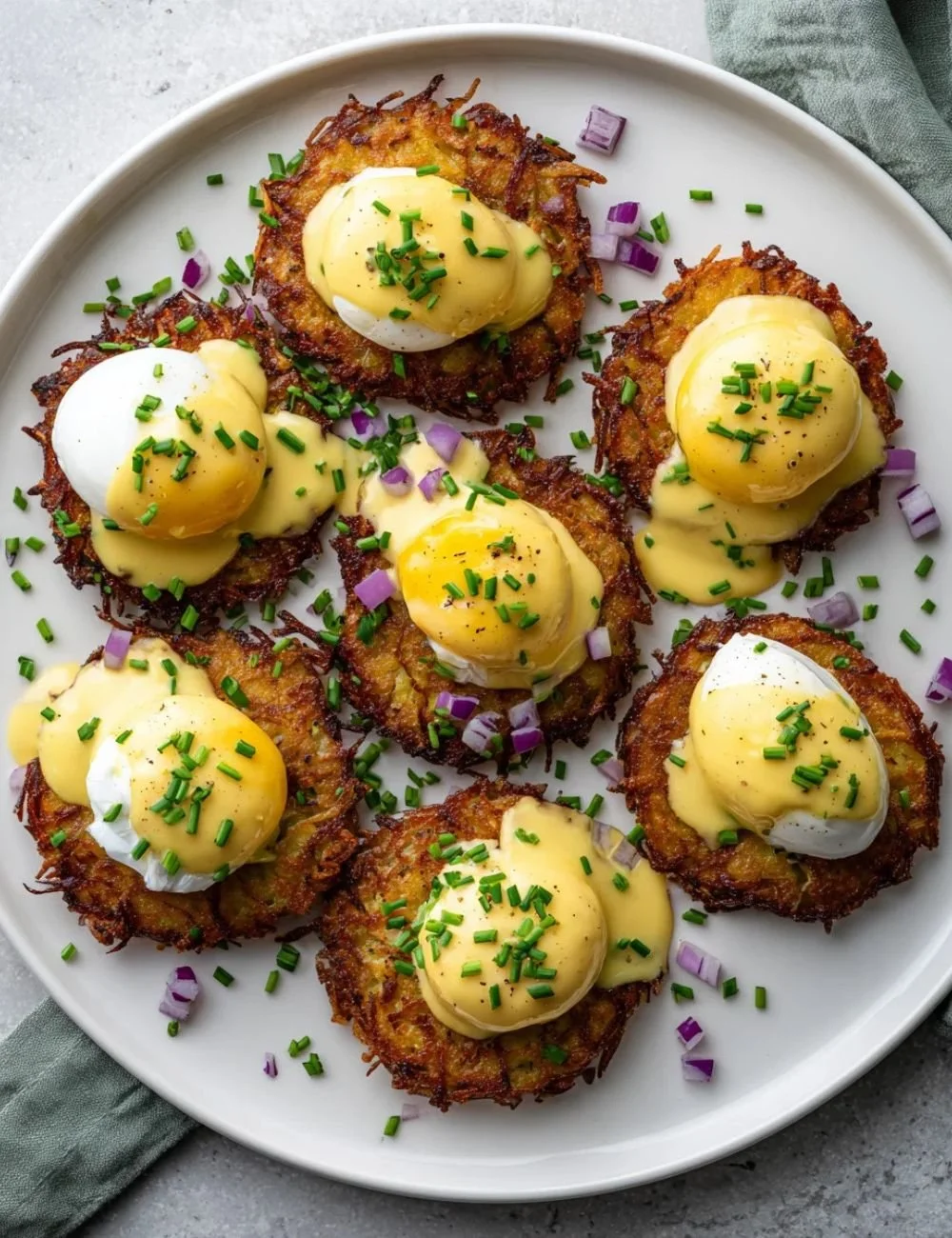 Delicious easy Latke Eggs Benedict served on a plate with hollandaise sauce