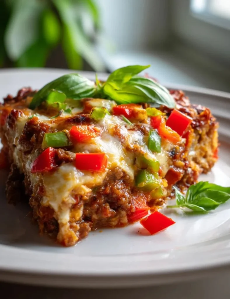 Delicious crustless keto pizza casserole with toppings and cheese
