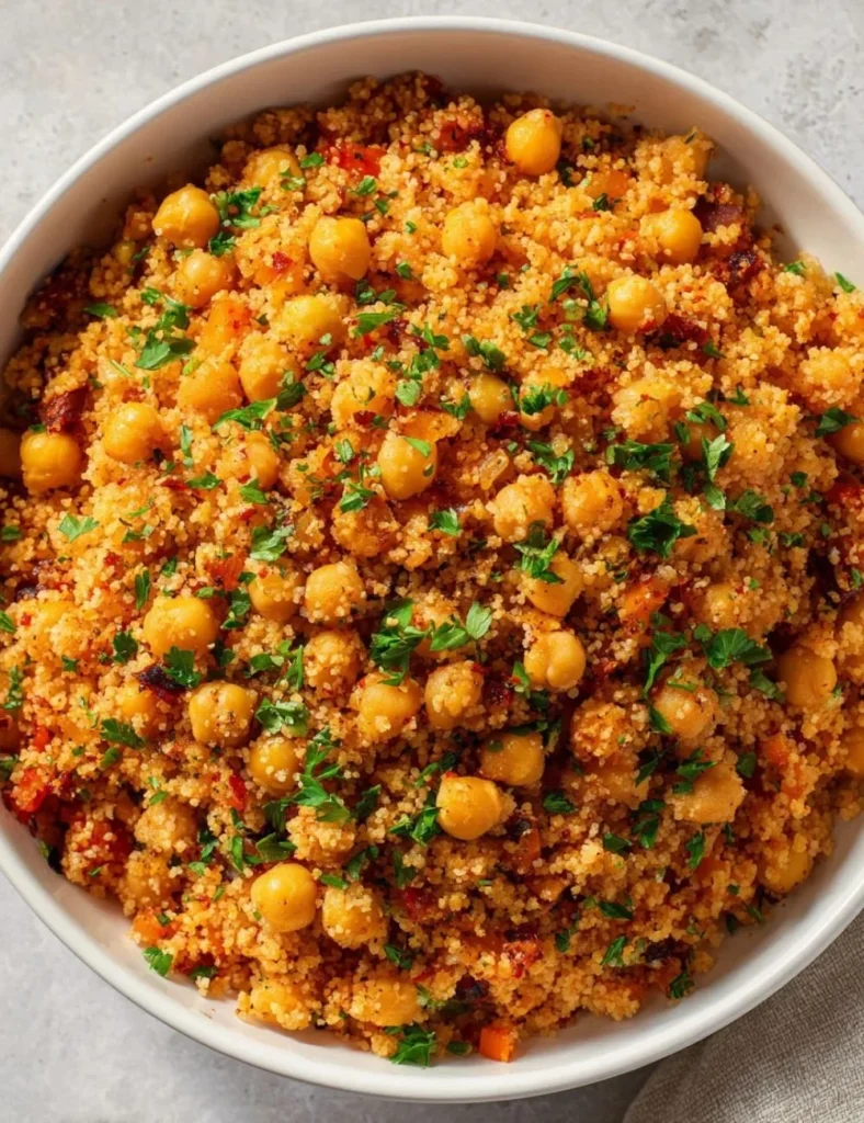 Easy one pot Moroccan Couscous with chickpeas served in a bowl