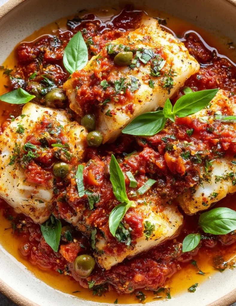 Delicious Fish Puttanesca with fresh fish and rich Italian sauce