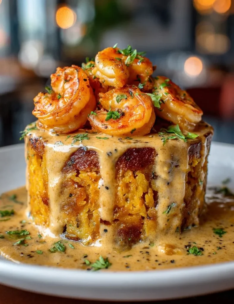 Plate of Garlic Shrimp served with mashed plantains