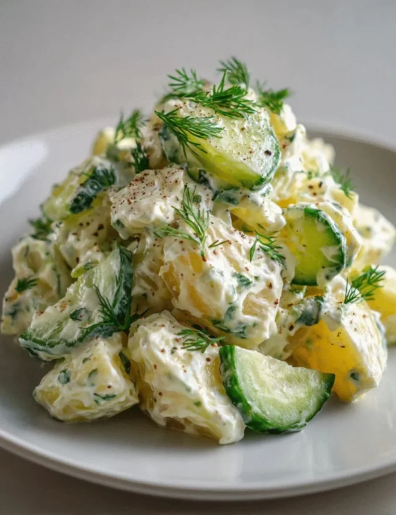 Greek Yogurt Potato Salad with Cucumbers served in a bowl