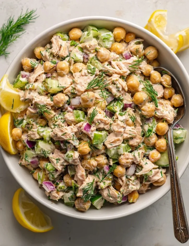 Healthy tuna chickpea salad with fresh vegetables and dressing