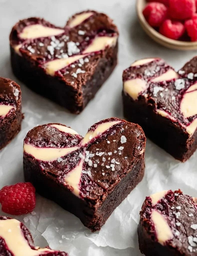 Heart shaped raspberry cheesecake brownies on a plate