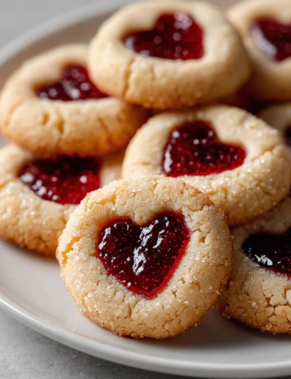 Freshly baked heart thumbprint cookies with colorful jam center