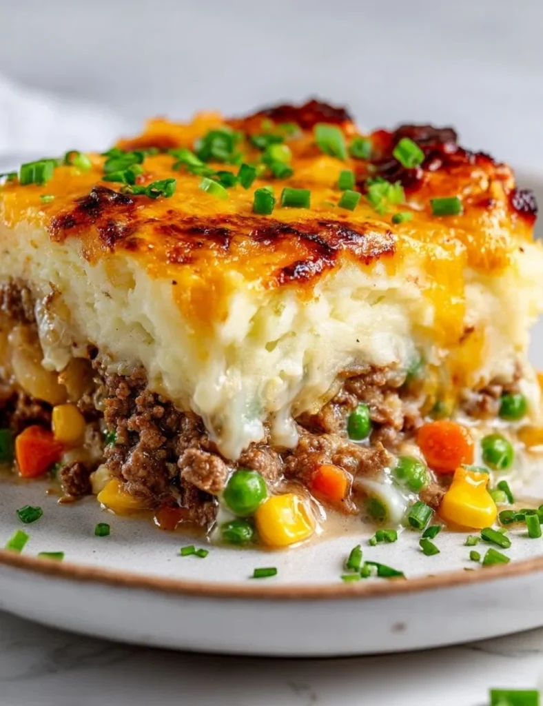 Hearty Baked Shipwreck Casserole topped with cheese and vegetables