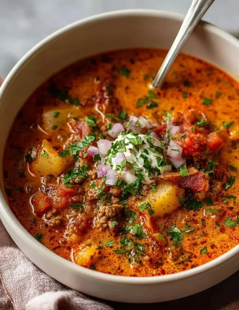 Bowl of hearty keto soup with vegetables and herbs for a low-carb meal
