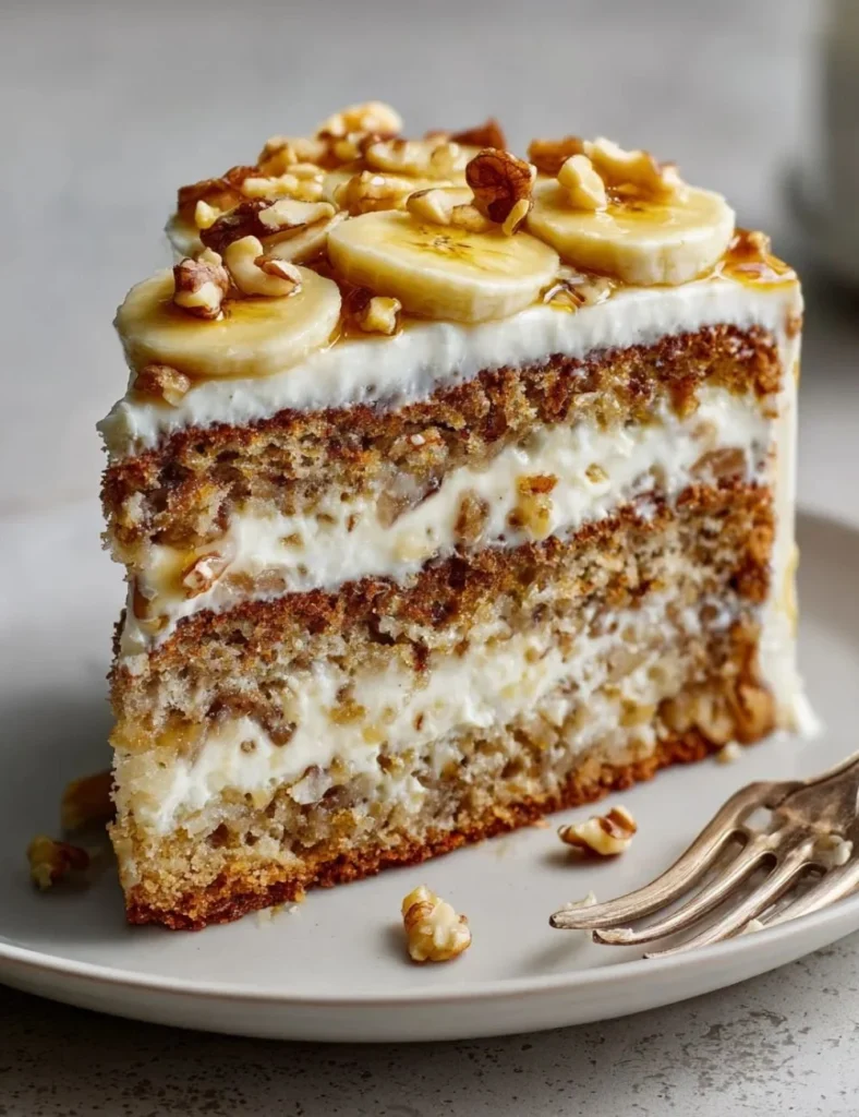 Heavenly Banana Walnut Cream Cake topped with walnuts and cream