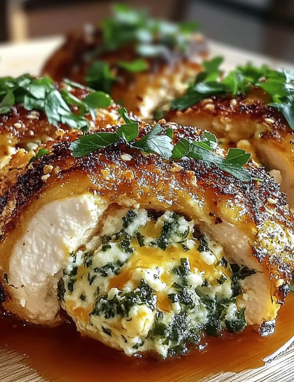 Herbed ricotta stuffed chicken rolls served on a plate with fresh herbs