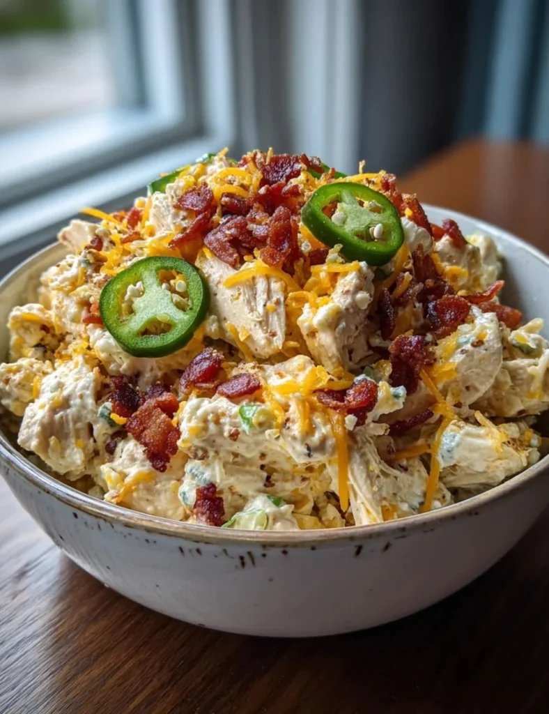High protein jalapeno popper chicken salad served in a bowl
