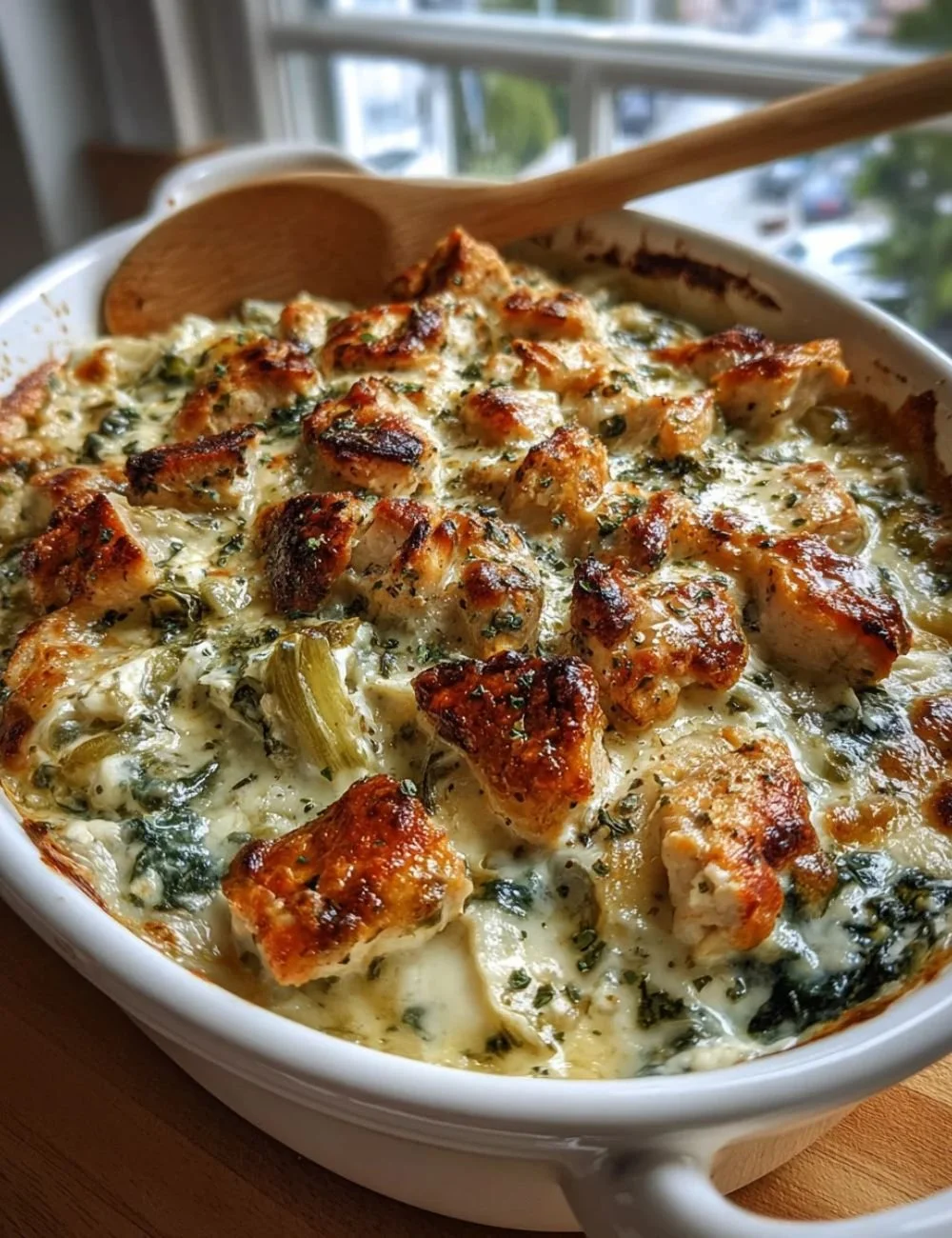 High protein spinach artichoke chicken casserole served in a baking dish