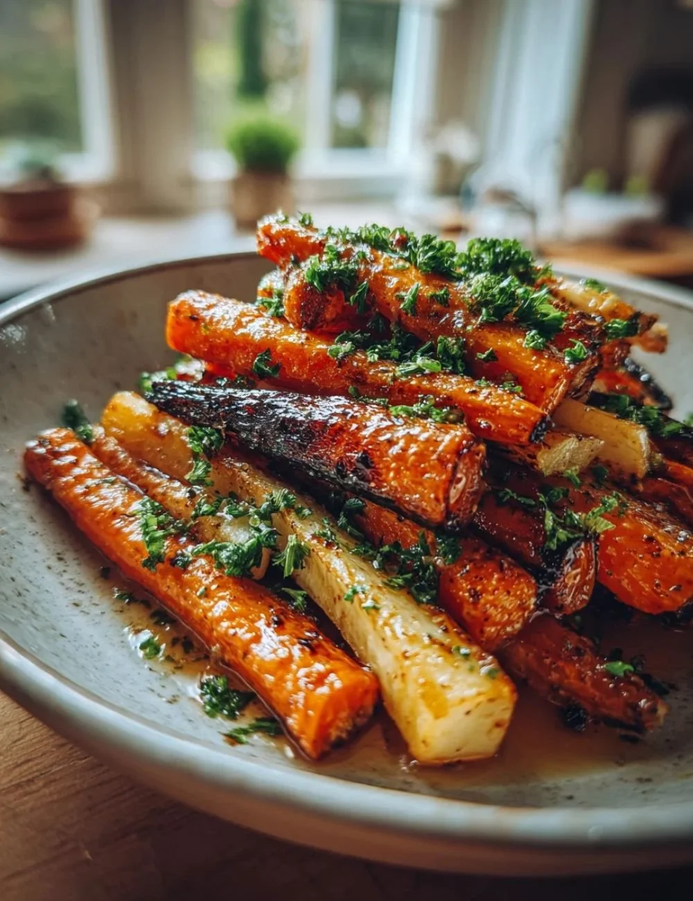 Delicious honey glazed carrots and parsnips cooked to perfection