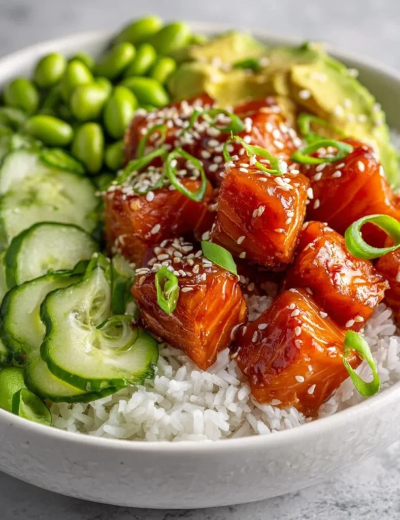 Delicious Honey Sriracha Salmon Bowl garnished with fresh vegetables and rice