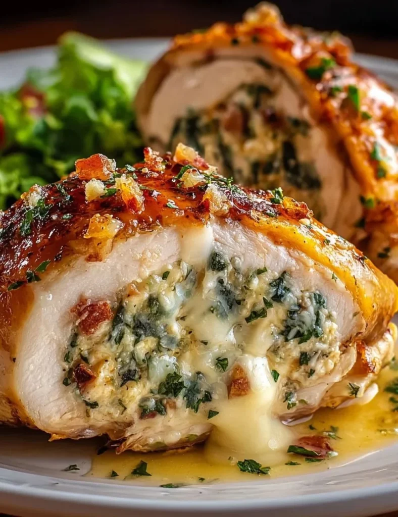 Delicious Ruth's Chris stuffed chicken dish served on a plate with garnishes.