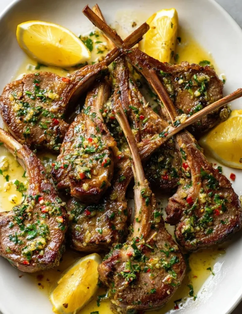 Juicy garlic butter lamb chops served on a plate with herbs and spices