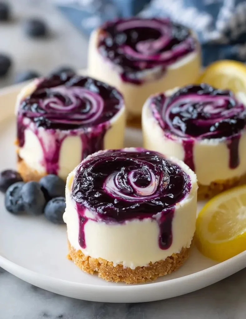 Juicy mini lemon blueberry cheesecakes topped with fresh blueberries