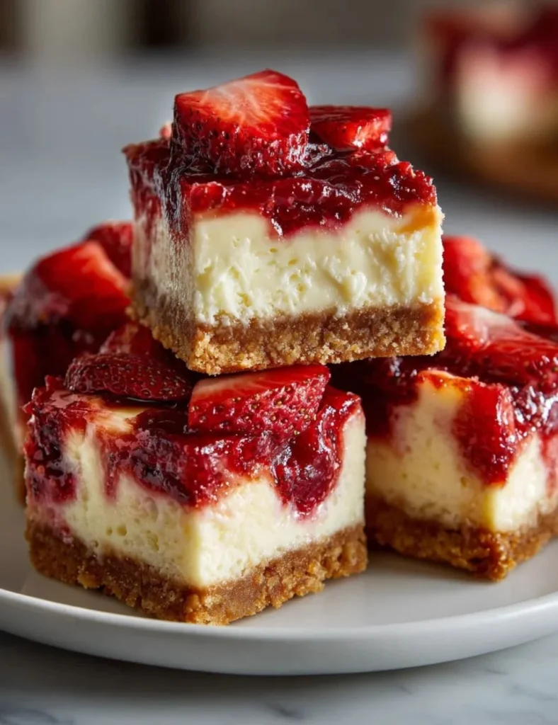 Delicious Keto Strawberry Cheesecake Bars topped with fresh strawberries.