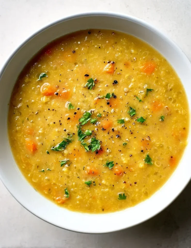 Bowl of delicious Lemon Lentil Soup garnished with fresh herbs