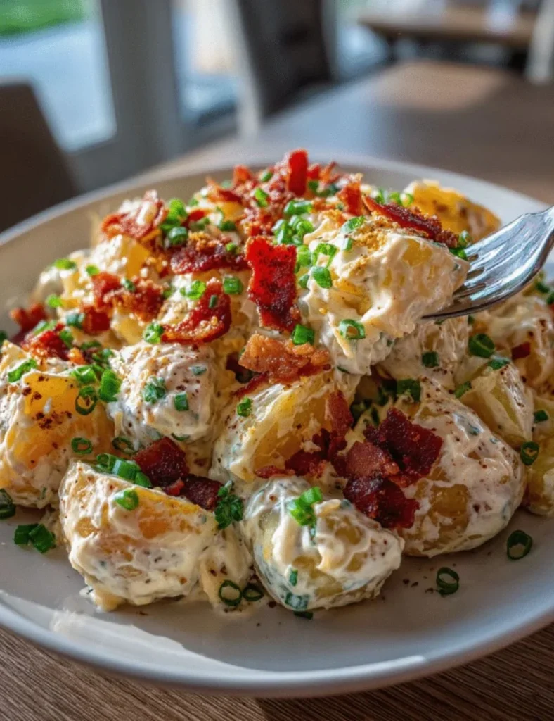 Loaded Bacon Cheddar Potato Salad topped with crispy bacon and cheddar cheese