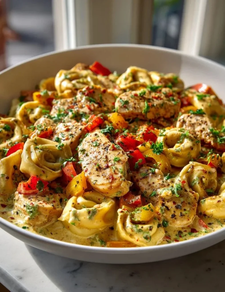 Loaded Cajun Alfredo Tortellini Skillet served in a pan with tempting toppings