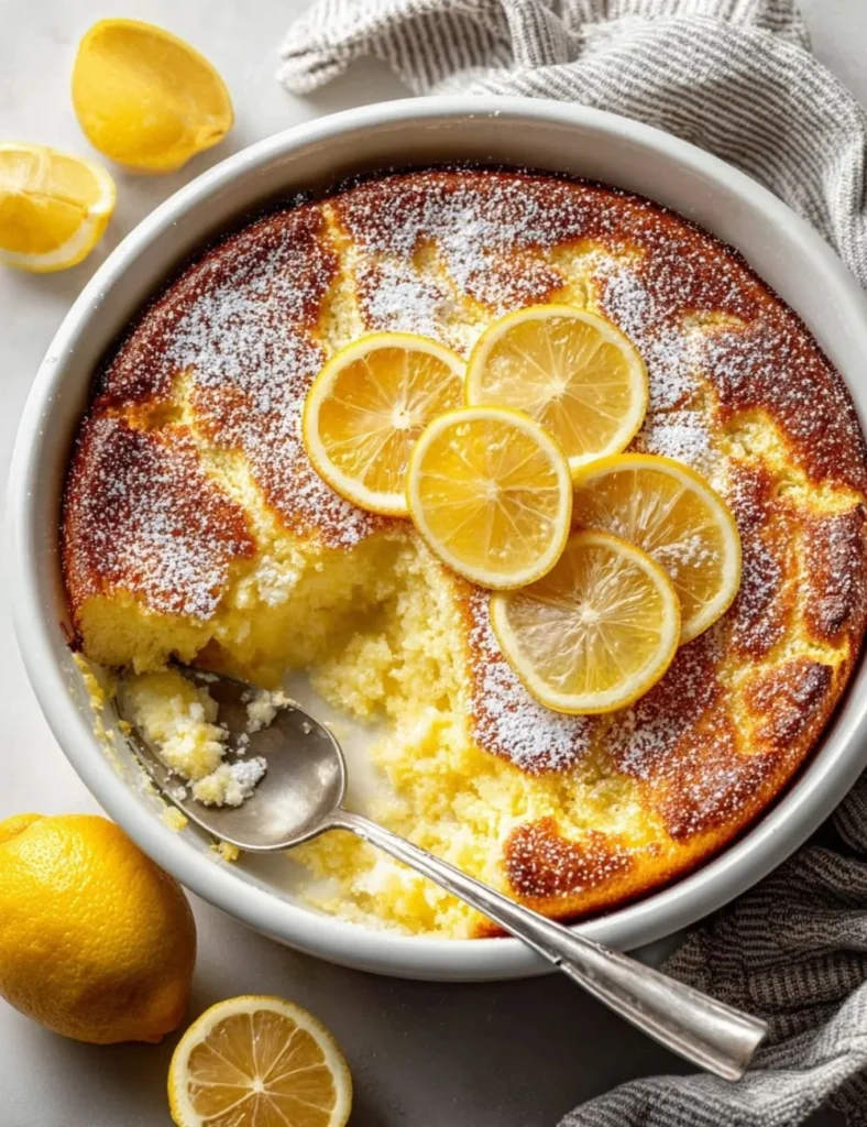 Delicious Magic Lemon Cobbler with a golden topping and fresh lemon slices