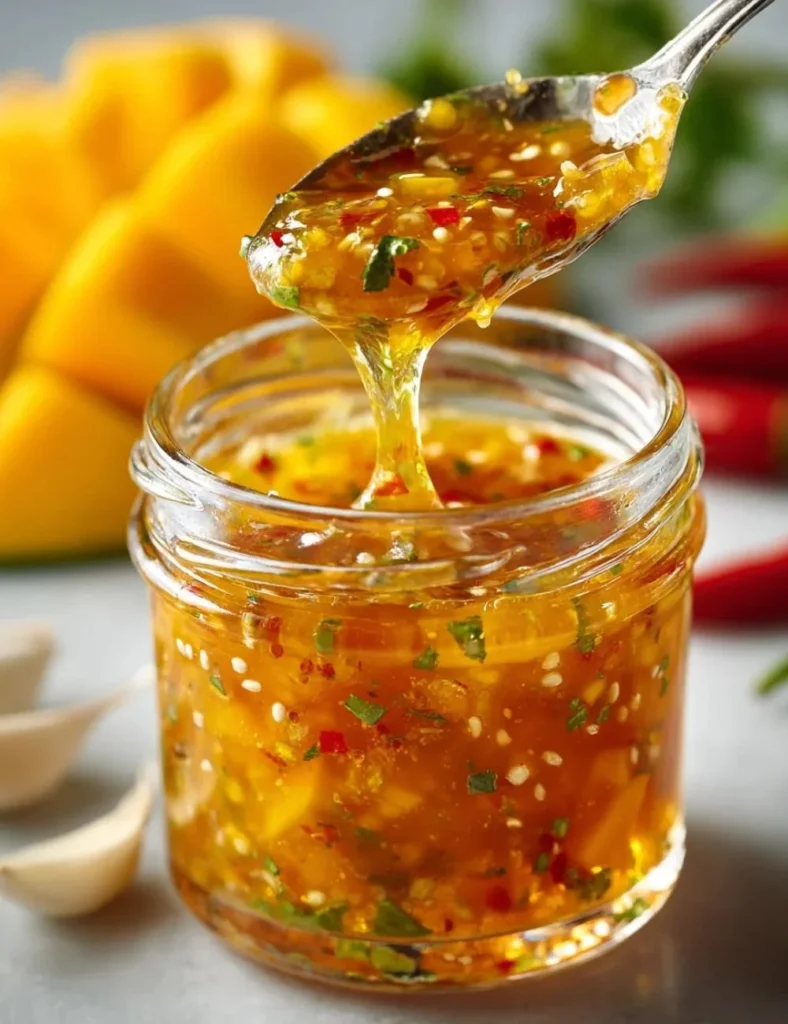 Bottle of Mango Habanero Honey Garlic Sauce with fresh mango and garlic