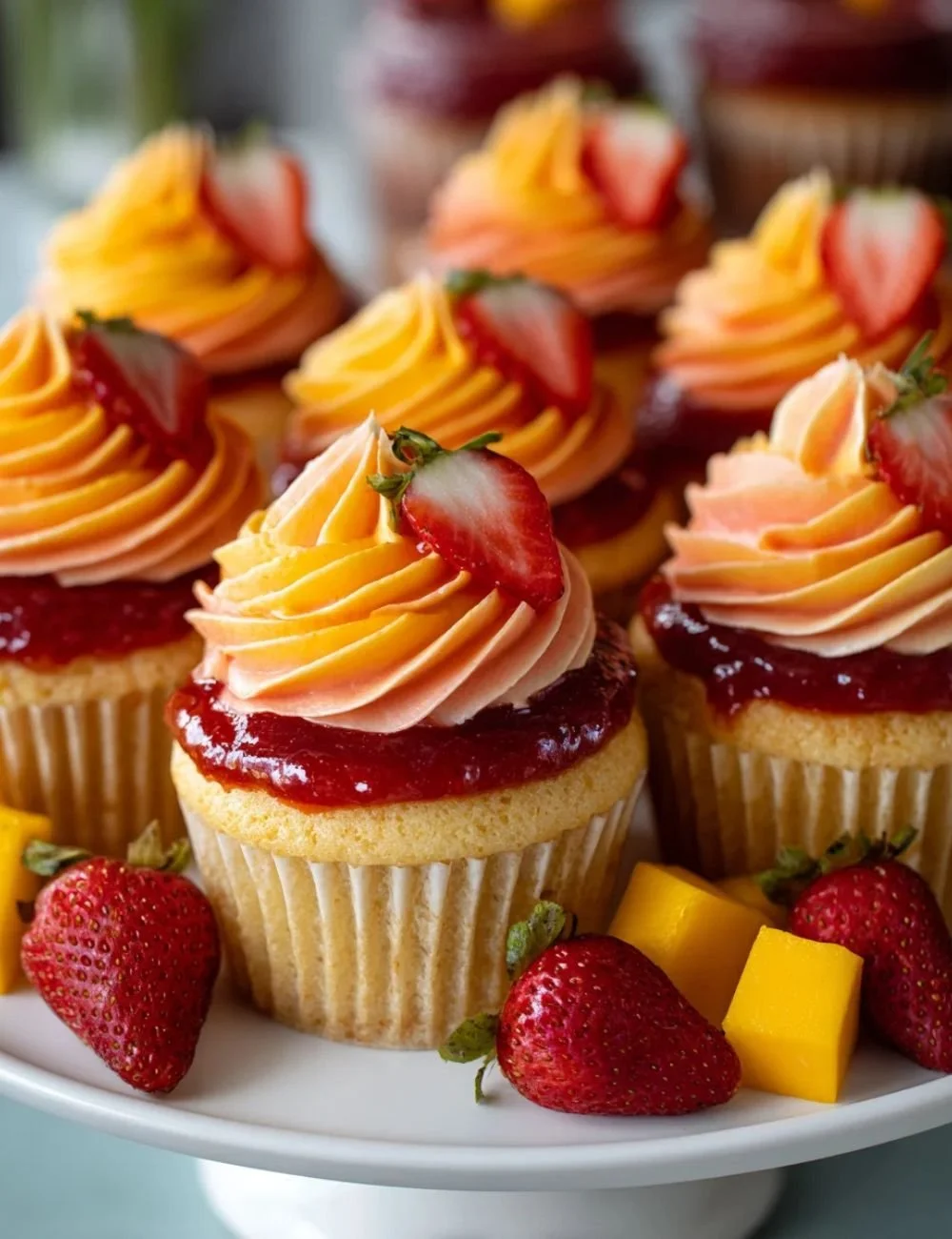 Mango Strawberry Sunset Cupcakes topped with fresh mango and strawberry frosting