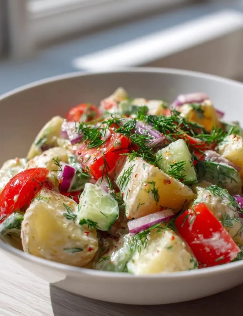 Mediterranean arugula potato salad with herbs and vegetables