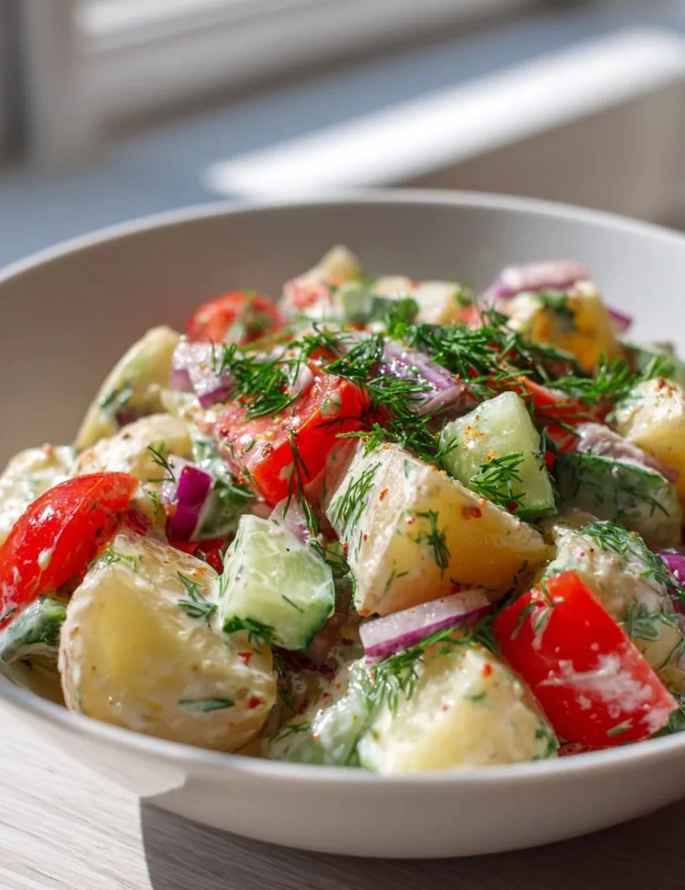 Mediterranean arugula potato salad with herbs and vegetables