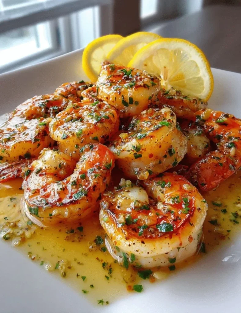 Mediterranean shrimp skillet with lemon garlic sauce served in a pan