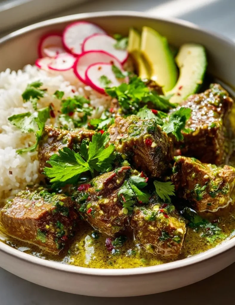 Delicious Mexican Beef Green Chile served in a bowl with toppings
