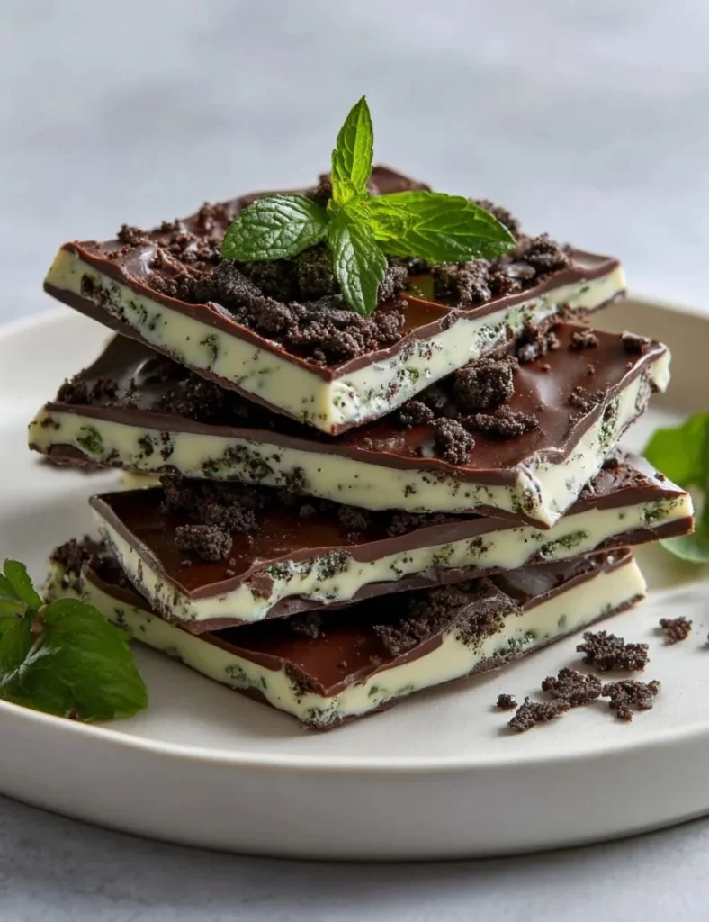 Homemade Mint Oreo Bark with green mint chocolate and crushed Oreos