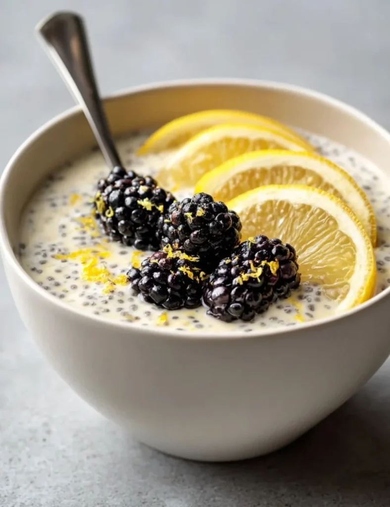Overnight lemon cream chia pudding in a glass topped with lemon zest and chia seeds