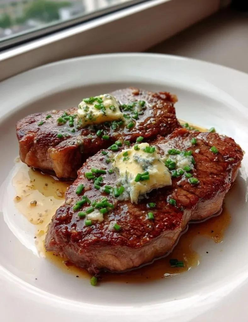 Pan seared steak topped with garlic butter on a serving plate