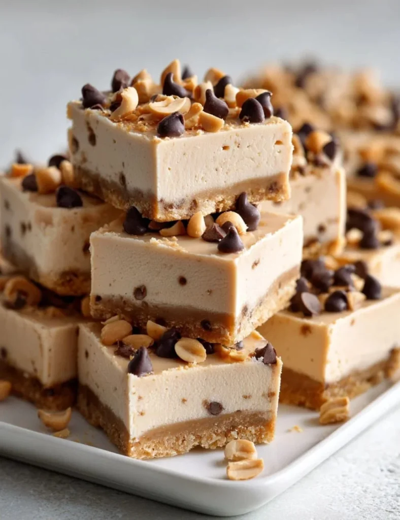 Delicious peanut butter frozen yogurt bars topped with chocolate and nuts.