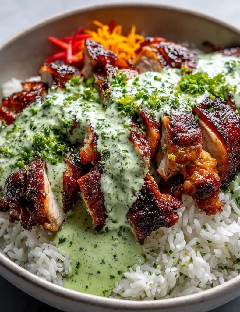 Plate of Peruvian chicken with rice and green sauce, showcasing vibrant colors and flavors.
