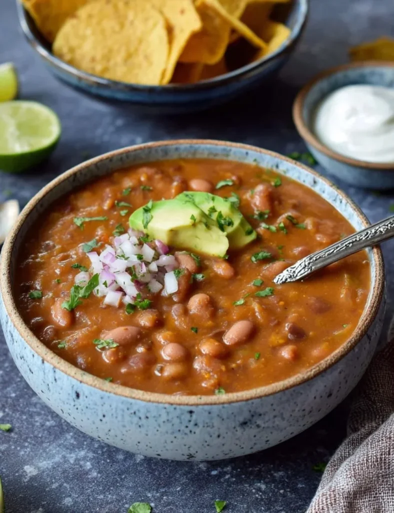 Delicious homemade Pinto Bean Soup in a bowl, garnished with herbs.