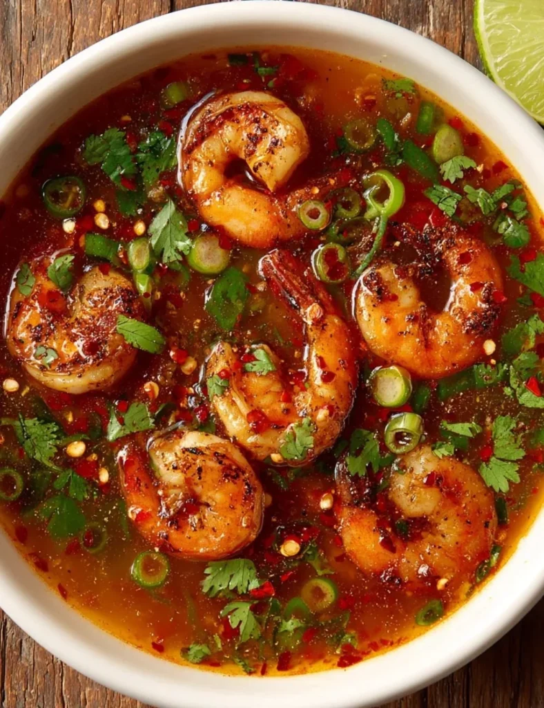Bowl of quick and spicy shrimp soup with fresh herbs and spices
