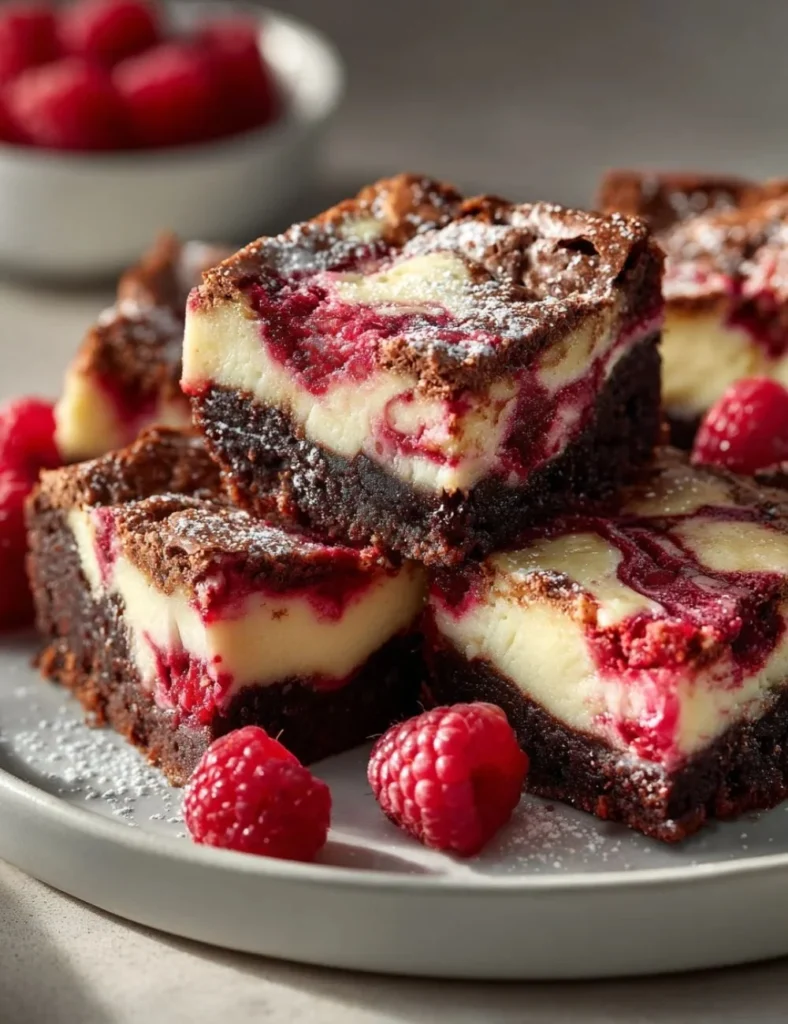 Delicious raspberry cheesecake brownies with a creamy topping and fresh raspberries